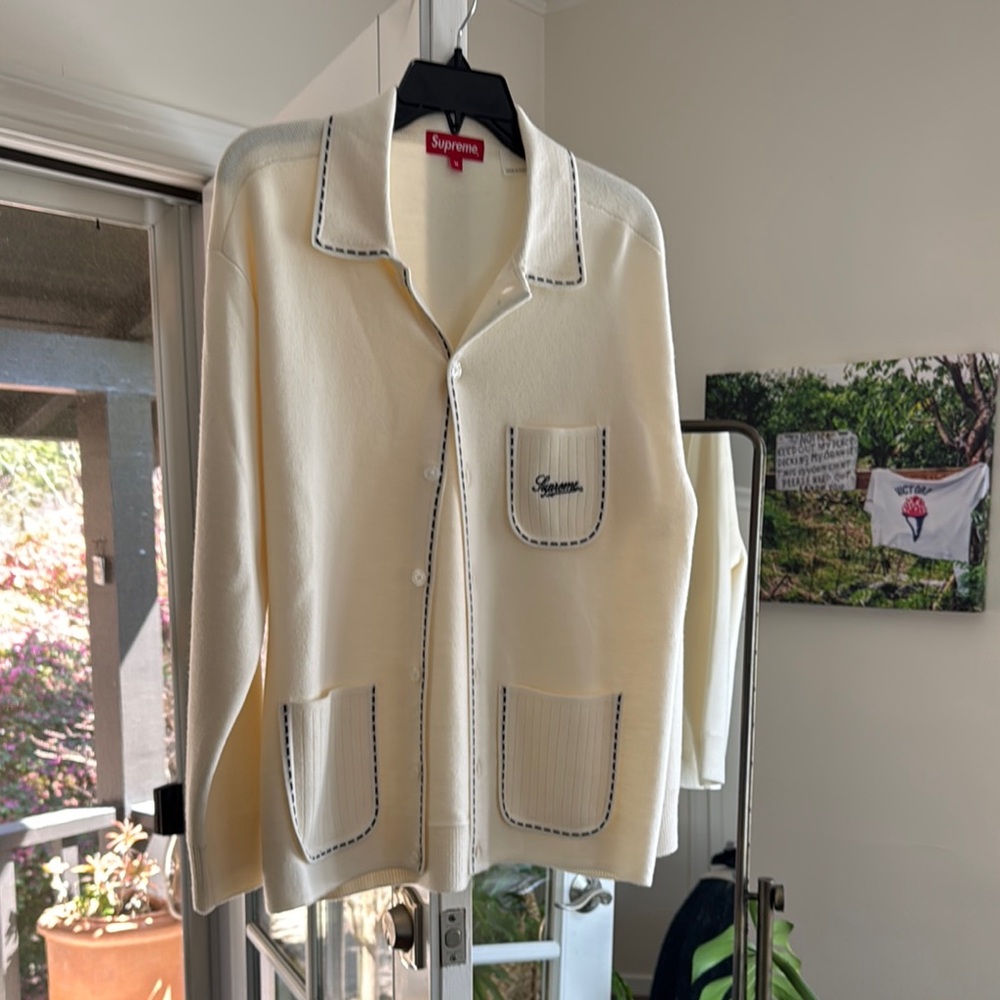 Supreme Contrast Stitch Button Up Sweater in Natural